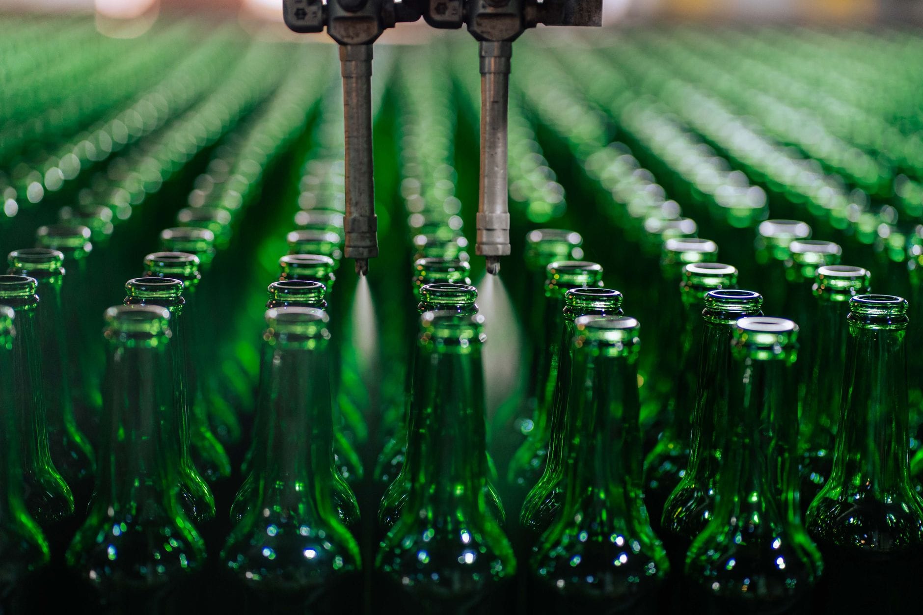 Zielone szklane butelki ustawione w rzędach na linii produkcyjnej w fabryce